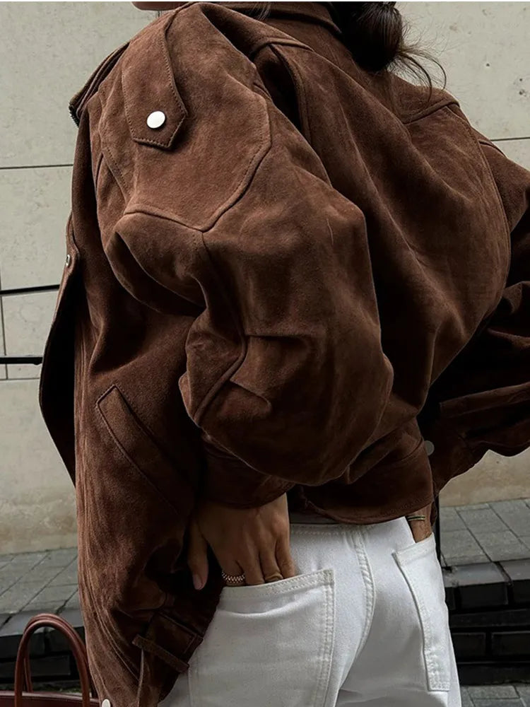 Ava Ladies Biker Jacket | Soft Suede with Oversized Collar