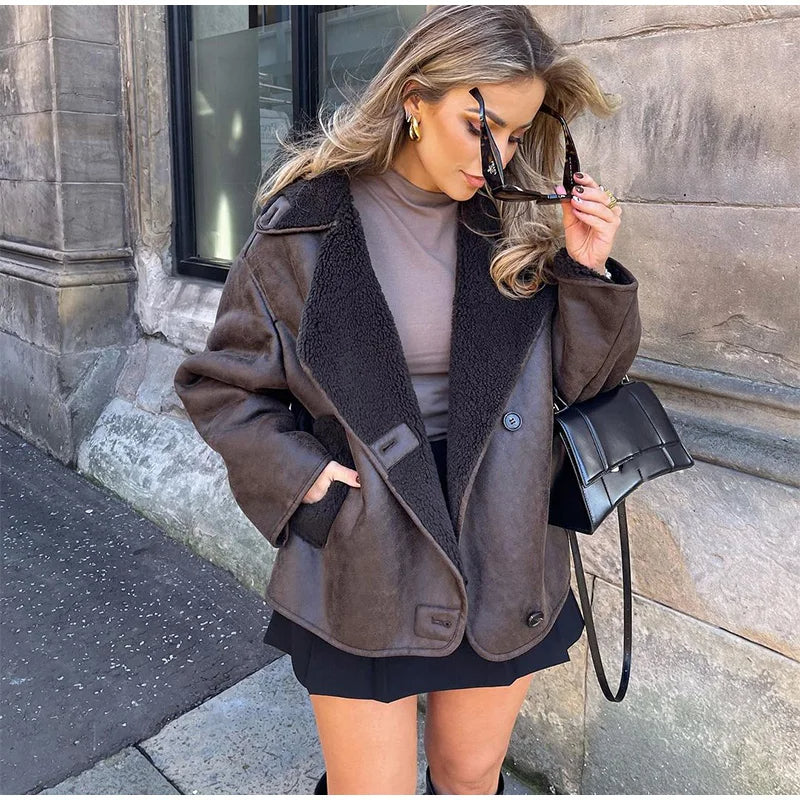 Ava Women's Jacket Winter | Brown Leather with Fleece Lining, Vintage Chic