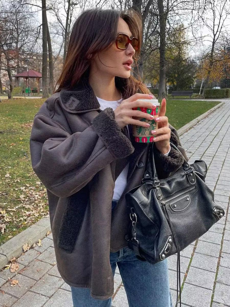 Ava Women's Jacket Winter | Brown Leather with Fleece Lining, Vintage Chic