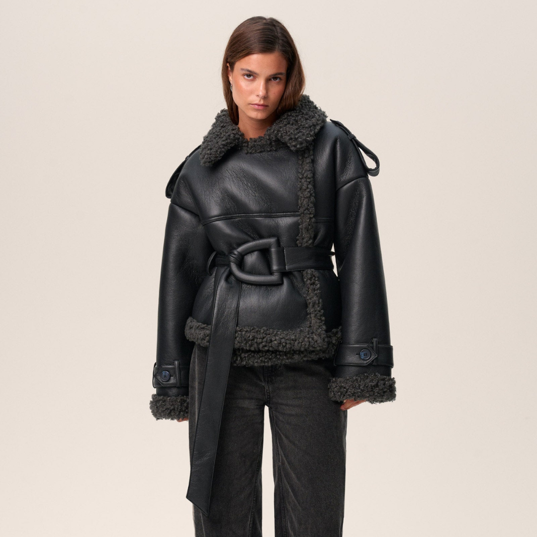 Ava Women's Winter Coat | Luxe Faux Leather with Oversized Belt