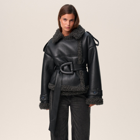 Ava Women's Winter Coat | Luxe Faux Leather with Oversized Belt