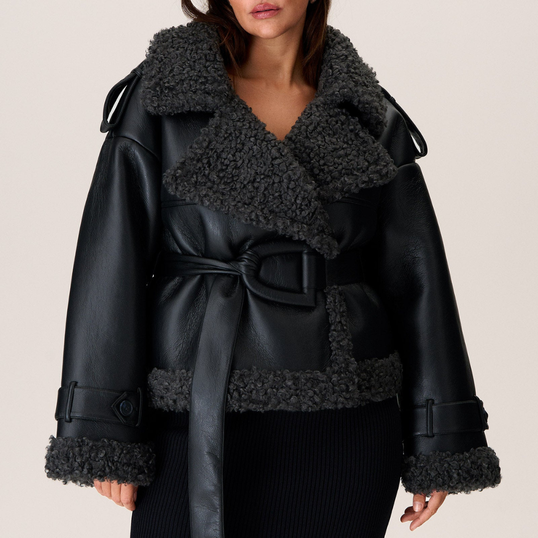 Ava Women's Winter Coat | Luxe Faux Leather with Oversized Belt