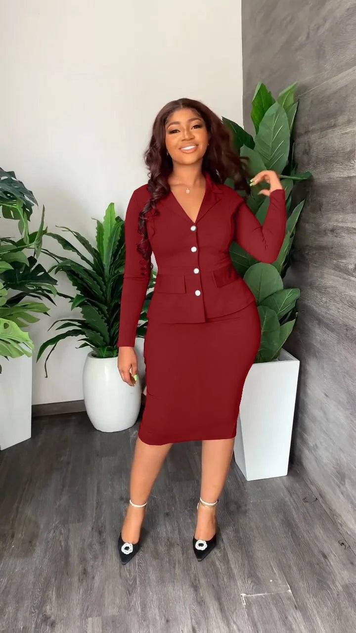 Brenna Women's Blazer and Pencil Skirt Set | Button Front, V Neckline 1