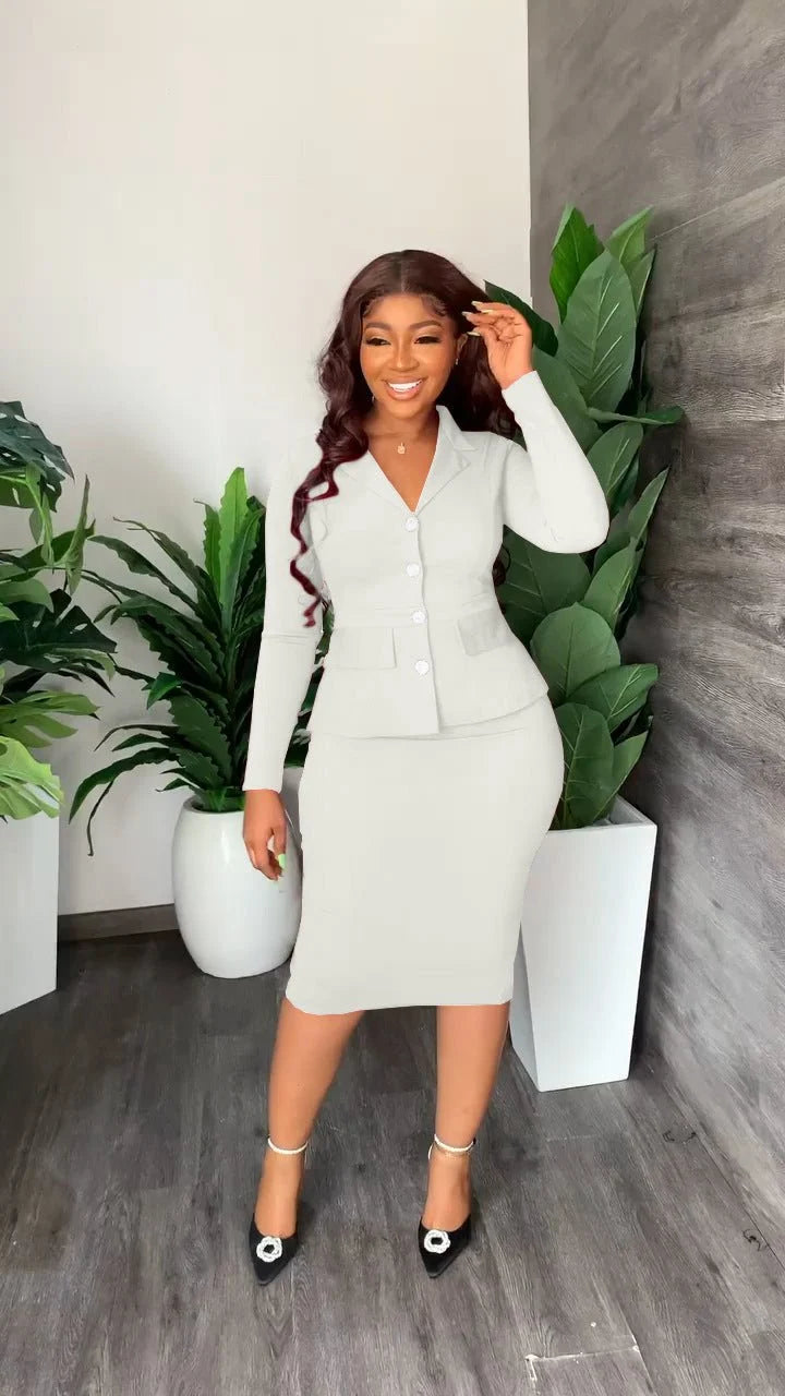 Brenna Women's Blazer and Pencil Skirt Set | Button Front, V Neckline 2
