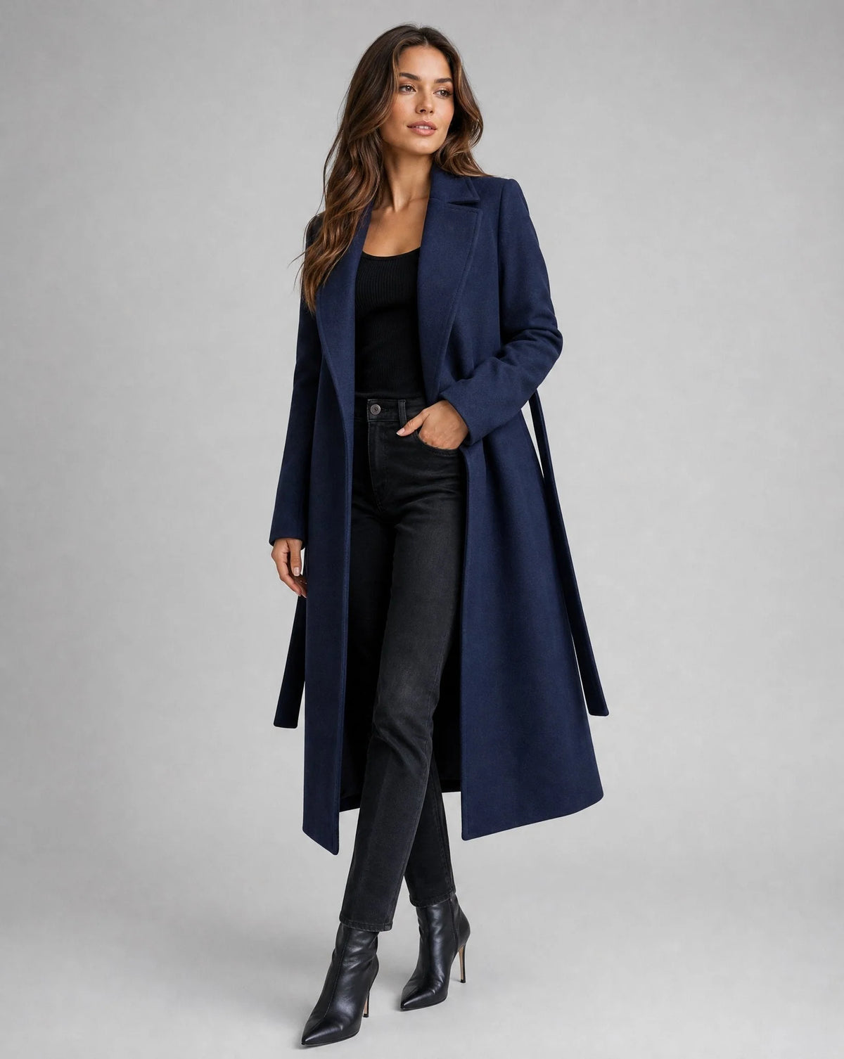 Brenna Women's Longline Coat | Wool-Look, Belted Waist, Notched Lapel 0