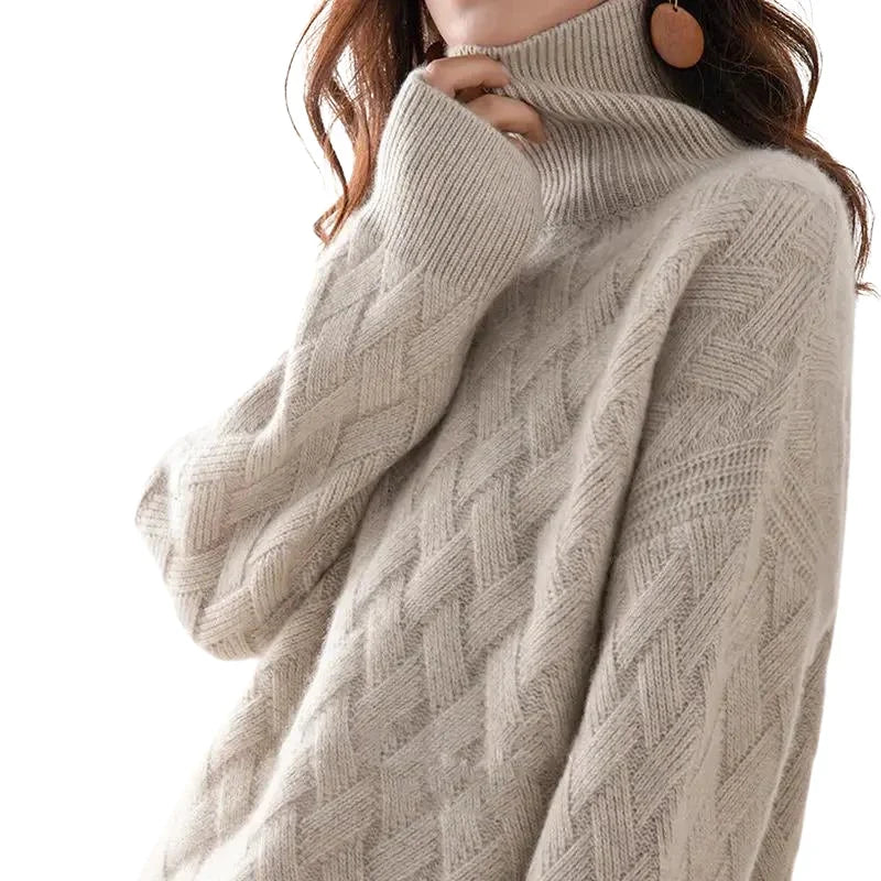 Brenna Women's Sweater | Basketweave Knit, Relaxed Fit Turtleneck 1