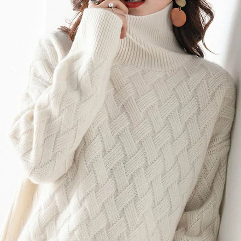 Brenna Women's Sweater | Basketweave Knit, Relaxed Fit Turtleneck 2