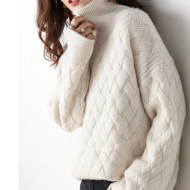 Brenna Women's Sweater | Basketweave Knit, Relaxed Fit Turtleneck 3
