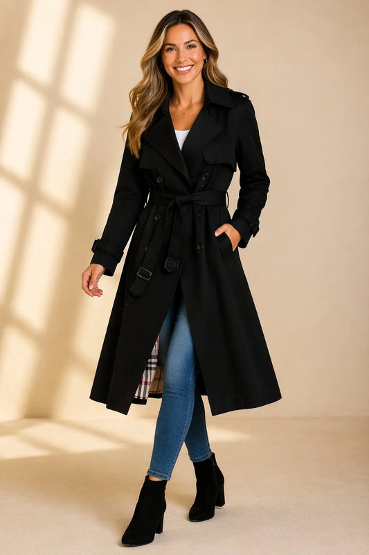 Brenna Women's Trench Coat | Double-Breasted, Belted Waist, Long Line 0