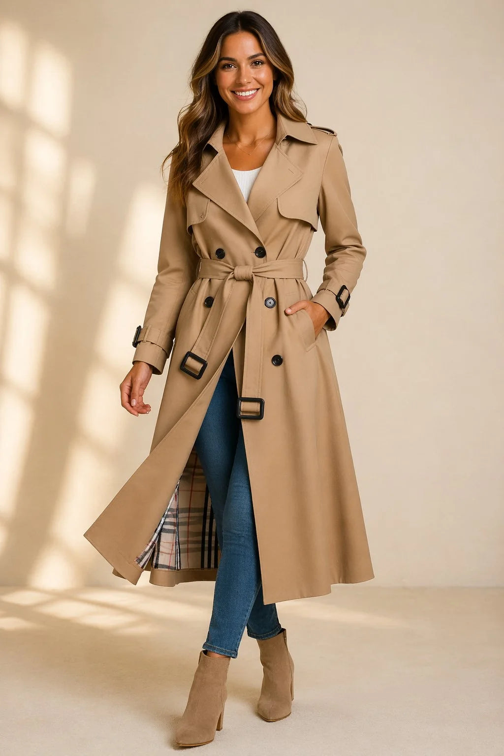 Brenna Women's Trench Coat | Double-Breasted, Belted Waist, Long Line 1