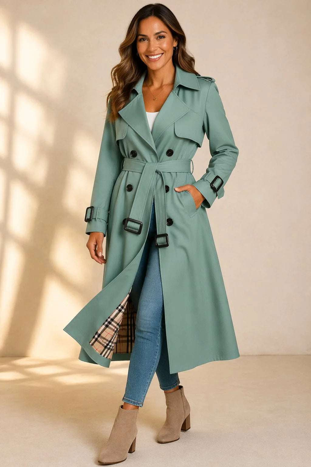 Brenna Women's Trench Coat | Double-Breasted, Belted Waist, Long Line 4