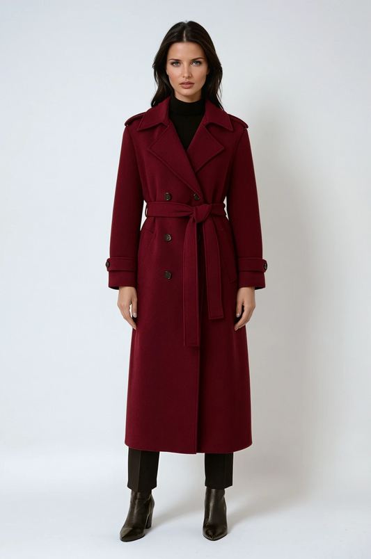 Burgundy Long Winter Coat for Women with Belt and Double Buttons for Style and Comfort