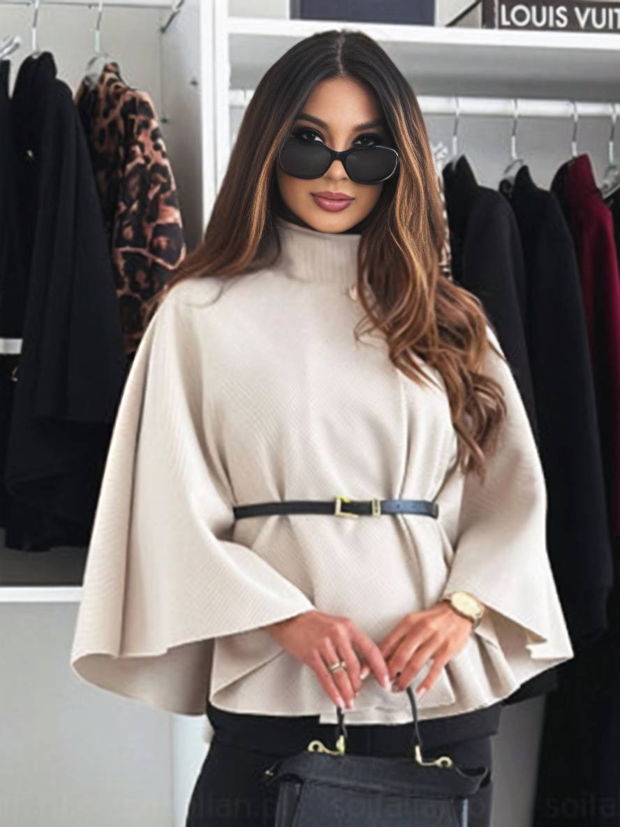 ÉLINOR | Short poncho coat with belt and batwing sleeves