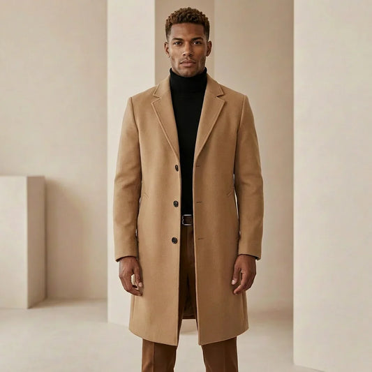 Caden Men's Slim Overcoat | Wool-Look, Notch Lapels 0