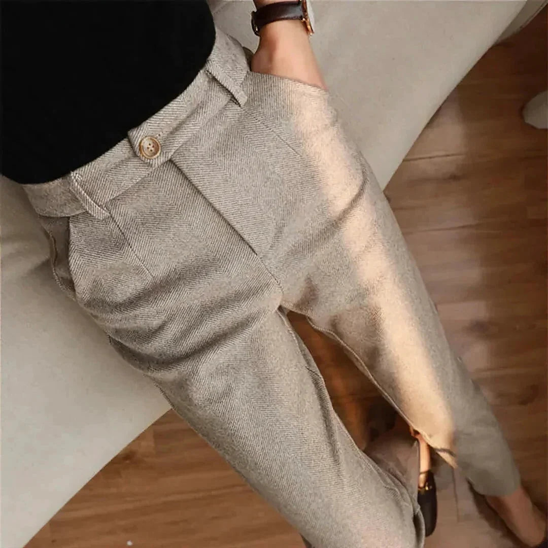 Caden Men's Tapered Trousers | Brushed Herringbone Fabric, Buttoned Turn-Up Hem 1
