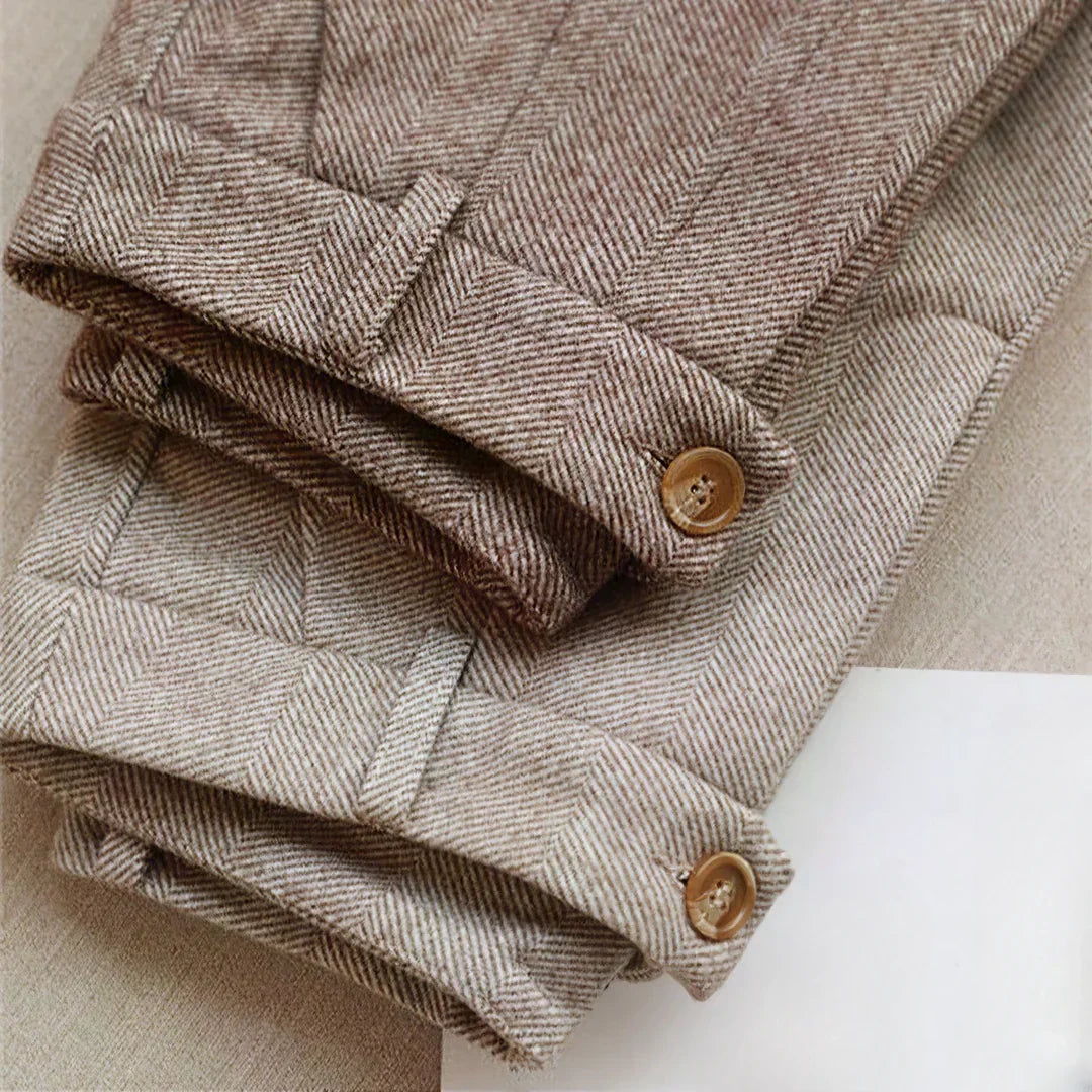 Caden Men's Tapered Trousers | Brushed Herringbone Fabric, Buttoned Turn-Up Hem 7