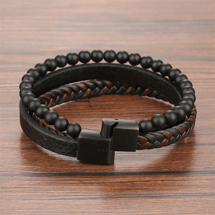 Caro Men's Bracelet Set | Lava Stone & Leather Design, Adjustable 4