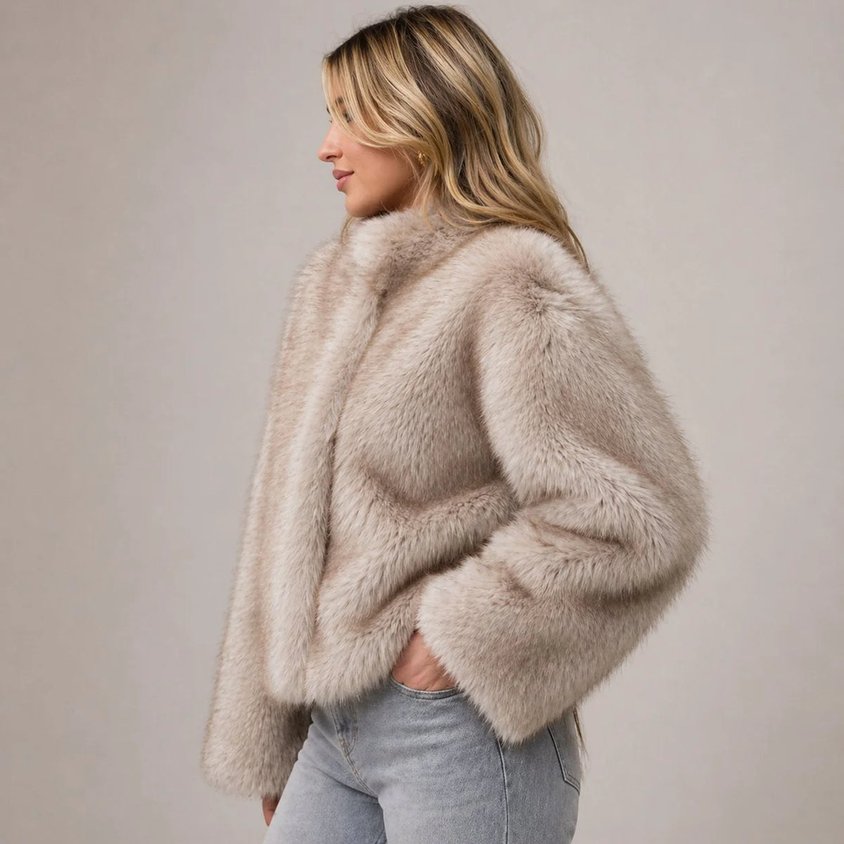 Celia Women's Faux Fur Jacket | Cropped Relaxed Fit Open Front 0
