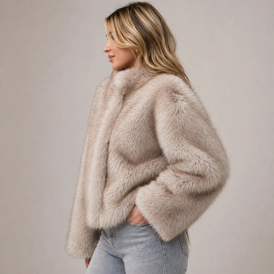 Celia Women's Faux Fur Jacket | Cropped Relaxed Fit Open Front 0