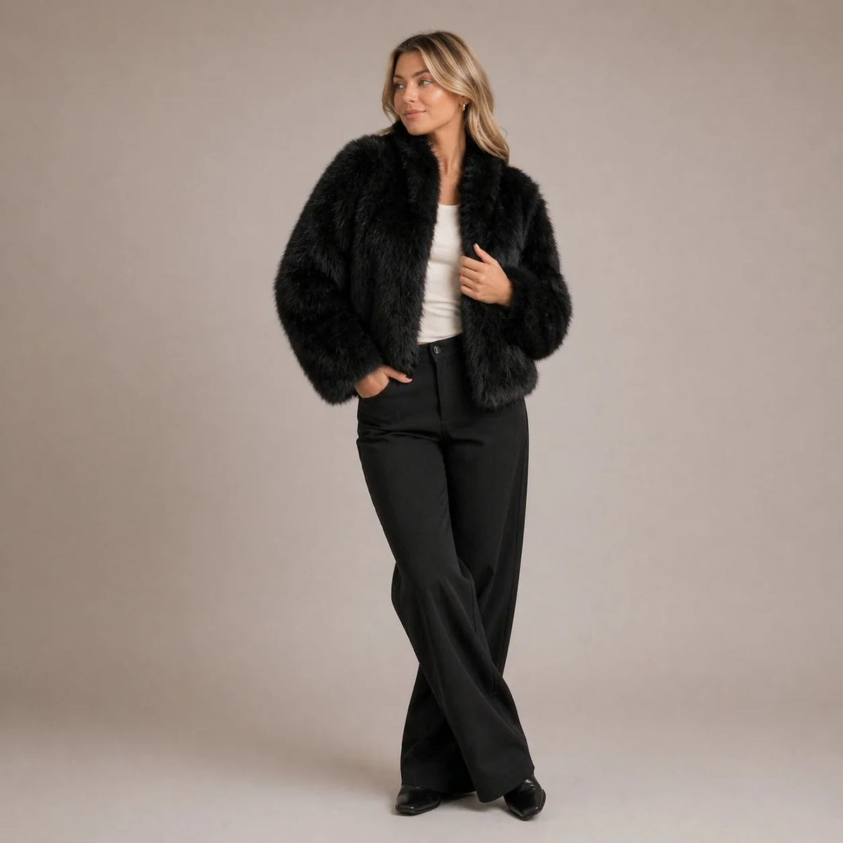 Celia Women's Faux Fur Jacket | Cropped Relaxed Fit Open Front 1