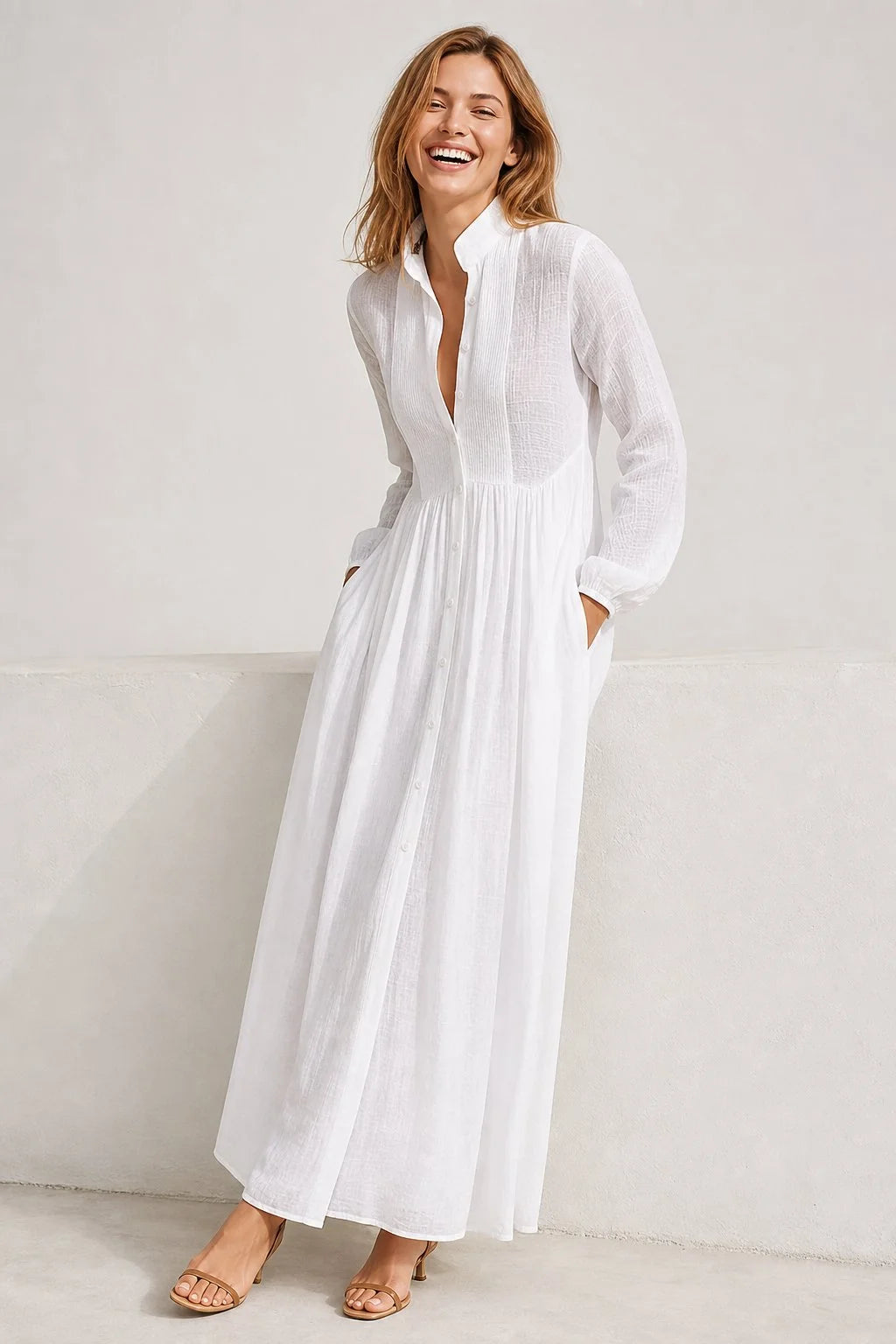 Celia Women's Maxi Dress | Light Textured Fabric, Pleated A-Line 0