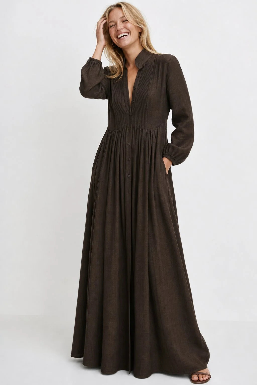 Celia Women's Maxi Dress | Light Textured Fabric, Pleated A-Line 2