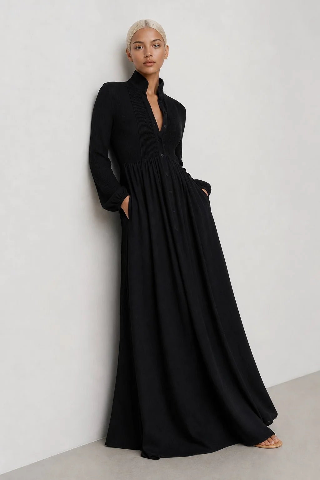 Celia Women's Maxi Dress | Light Textured Fabric, Pleated A-Line 4