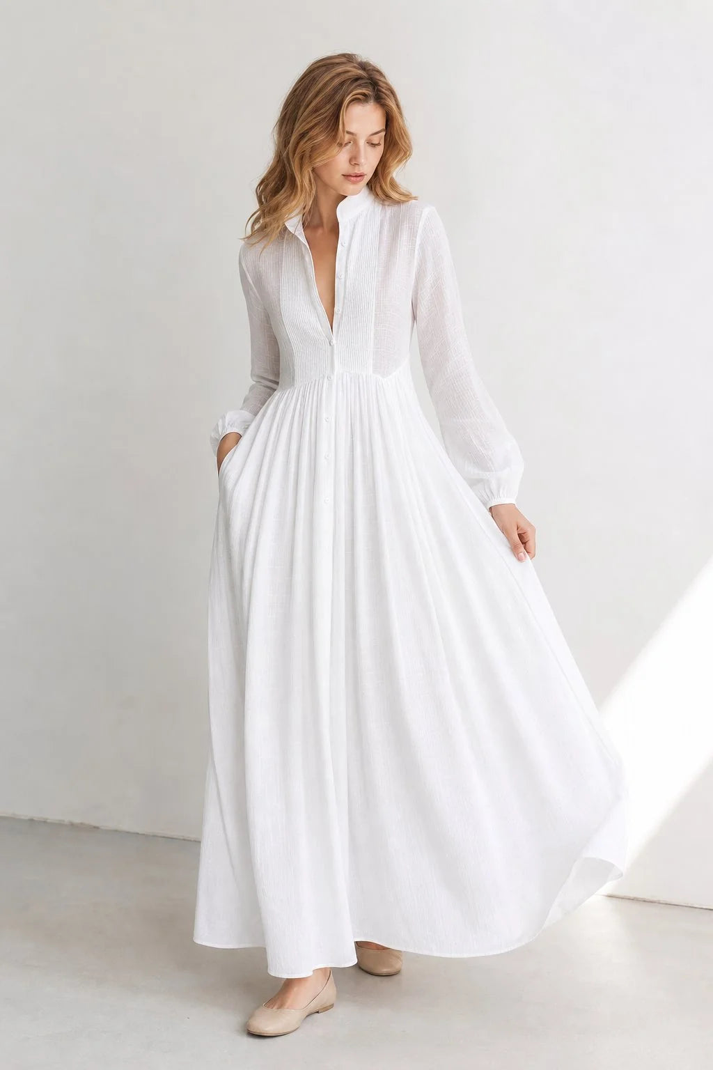 Celia Women's Maxi Dress | Light Textured Fabric, Pleated A-Line 6
