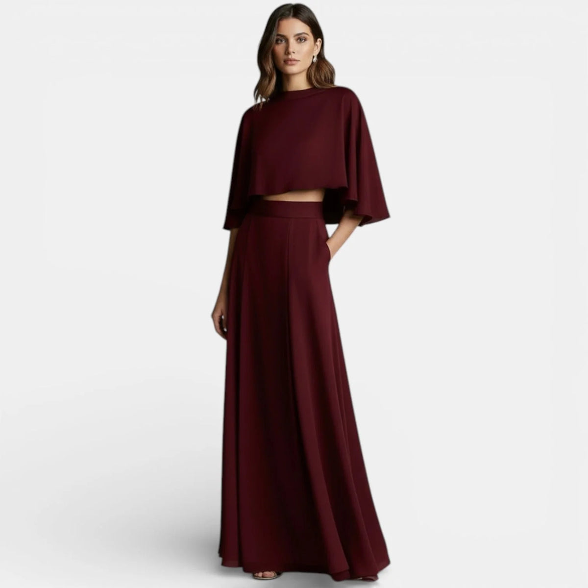 Celia Women's Two-Piece Set | Cropped Cape Top and Maxi Skirt with High Neckline 0