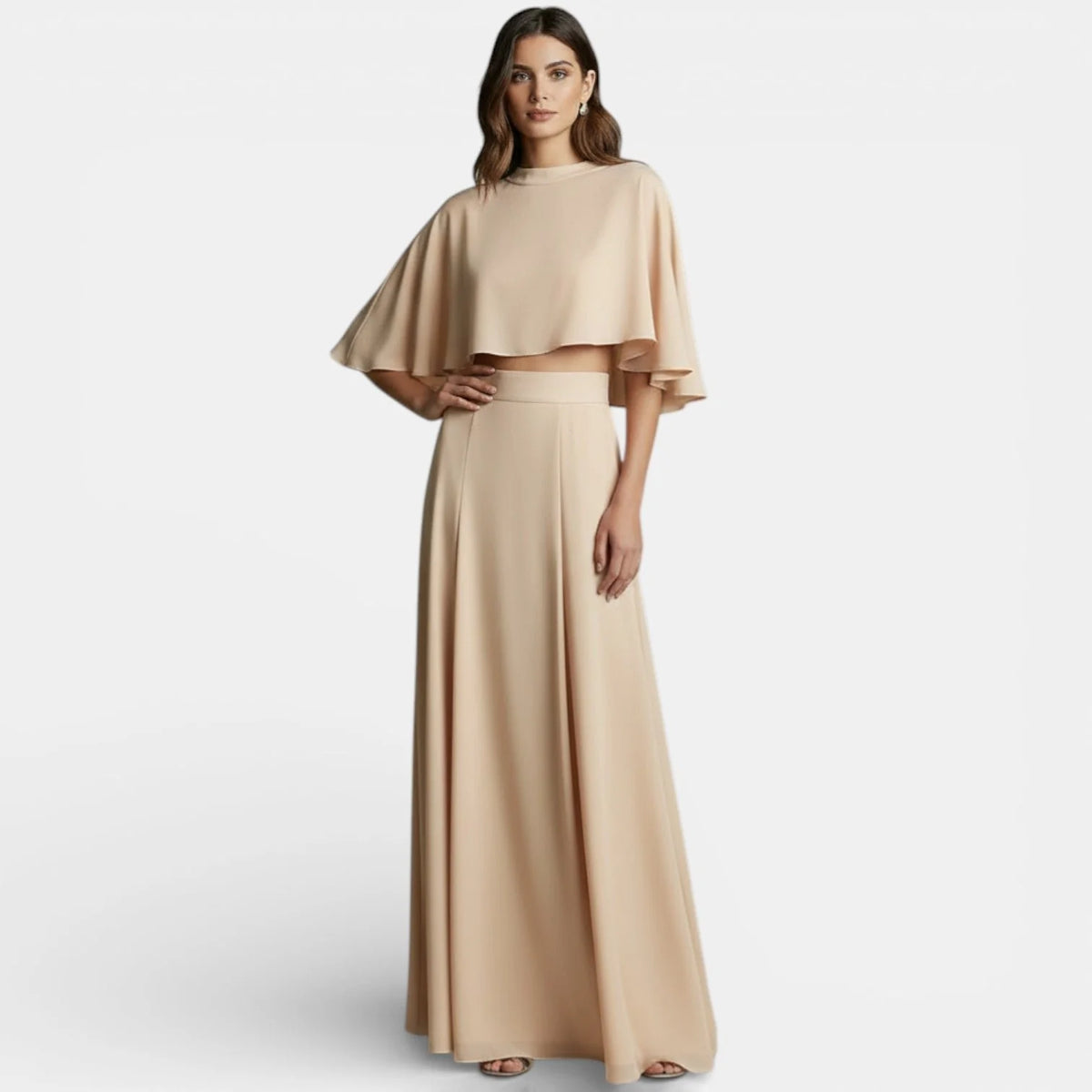 Celia Women's Two-Piece Set | Cropped Cape Top and Maxi Skirt with High Neckline 1