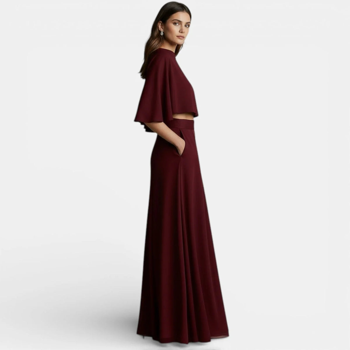 Celia Women's Two-Piece Set | Cropped Cape Top and Maxi Skirt with High Neckline 3