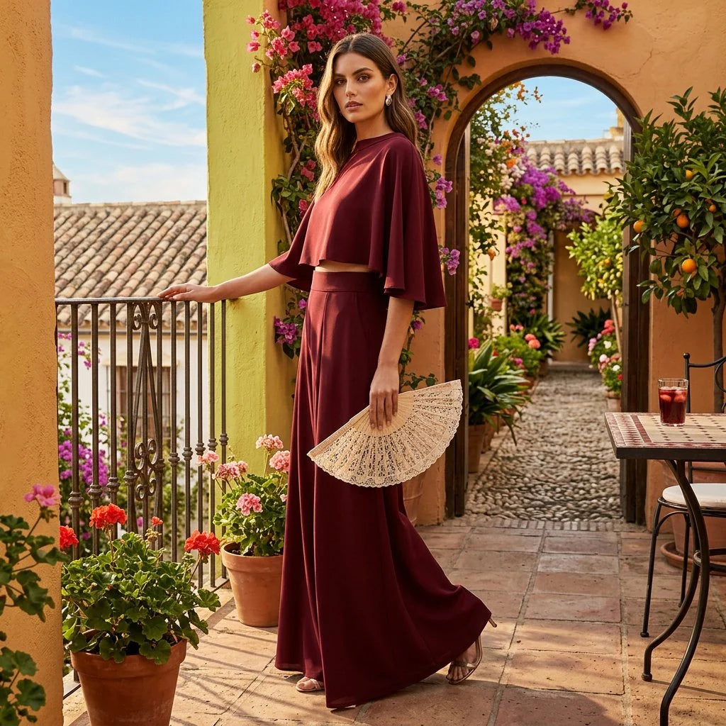 Celia Women's Two-Piece Set | Cropped Cape Top and Maxi Skirt with High Neckline 5