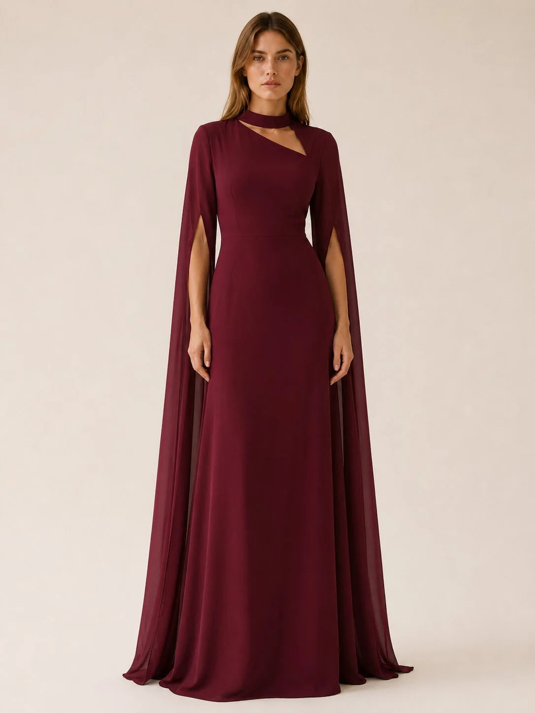 Celina Women's Maxi Dress | Chiffon, Cape Sleeves, Asymmetric Neckline 0