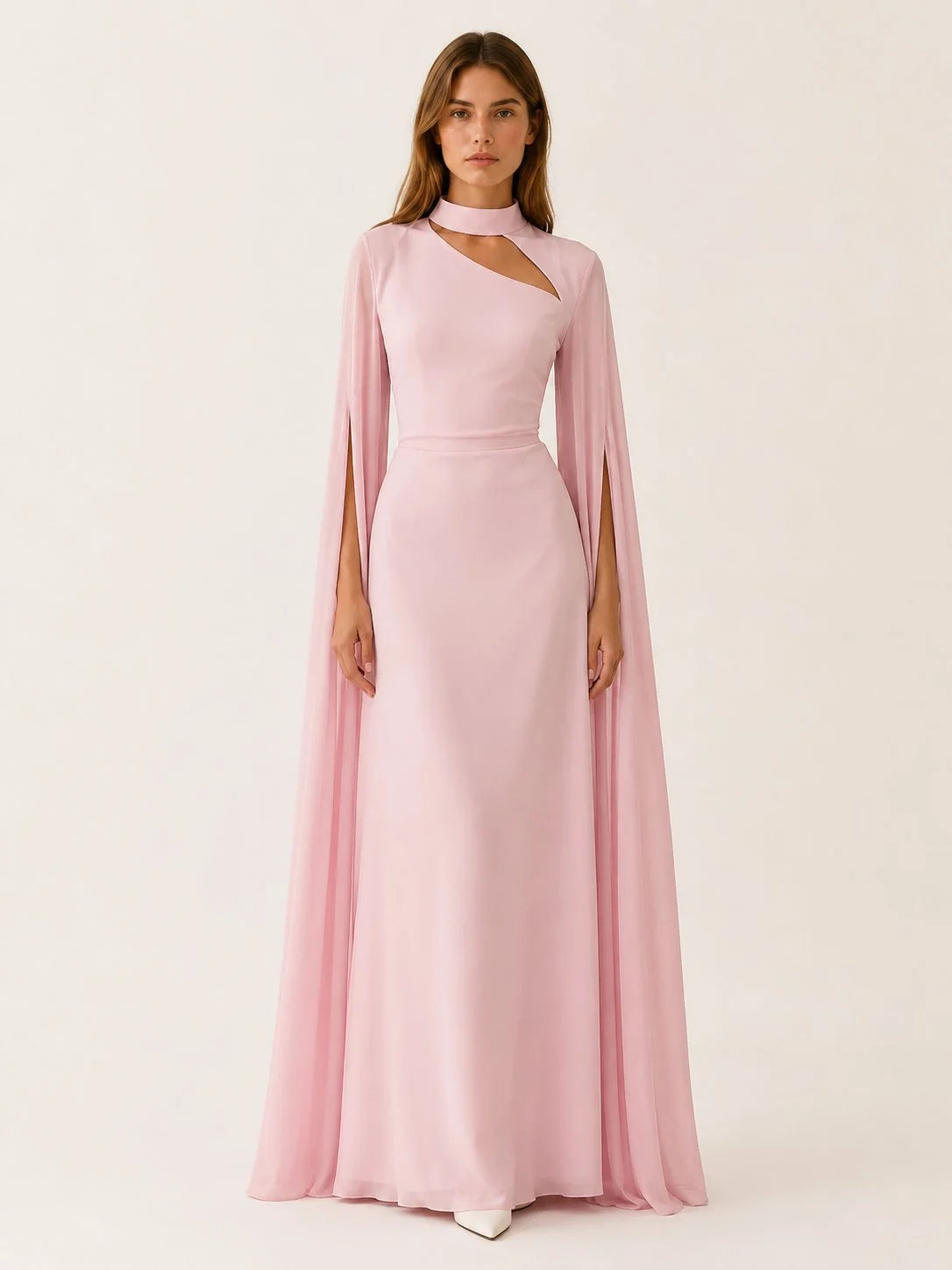 Celina Women's Maxi Dress | Chiffon, Cape Sleeves, Asymmetric Neckline 1
