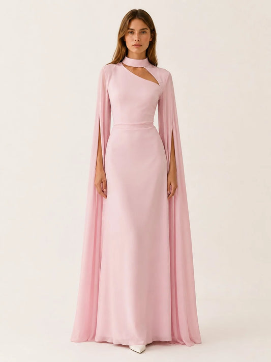 Celina Women's Maxi Dress | Chiffon, Cape Sleeves, Asymmetric Neckline 1