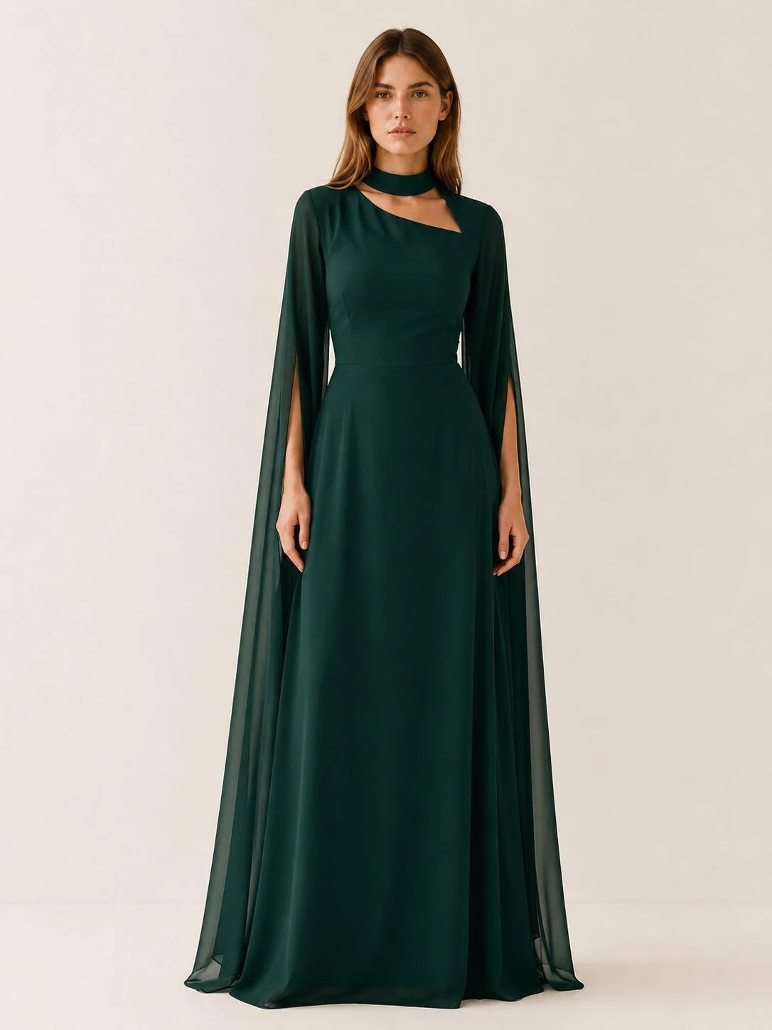 Celina Women's Maxi Dress | Chiffon, Cape Sleeves, Asymmetric Neckline 2
