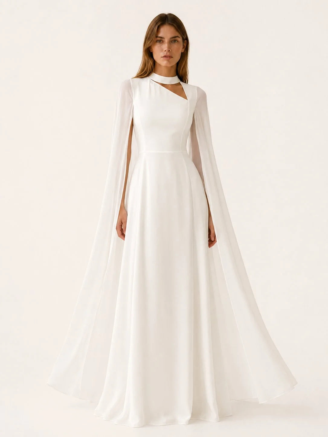 Celina Women's Maxi Dress | Chiffon, Cape Sleeves, Asymmetric Neckline 4