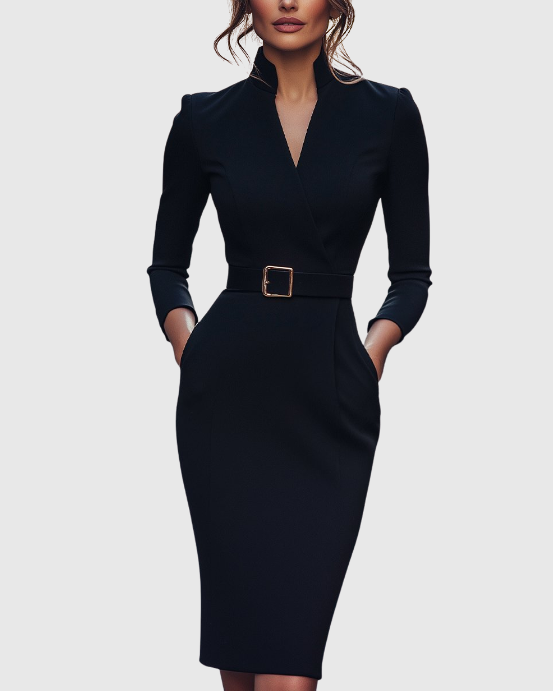 Cleo Women's Midi Dress | Elegant Pencil Silhouette, Structured Belt, Functional Pockets 0