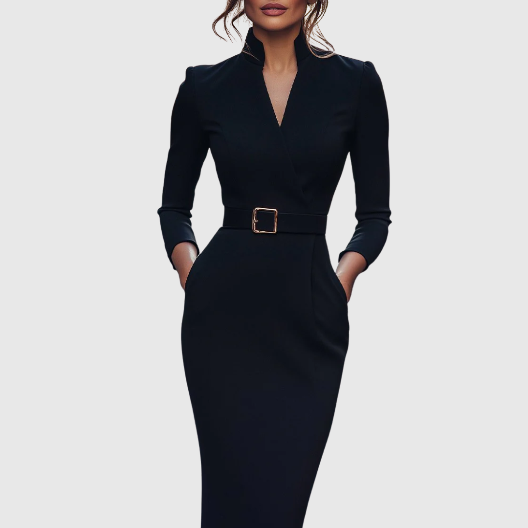 Cleo Women's Midi Dress | Elegant Pencil Silhouette, Structured Belt, Functional Pockets 1