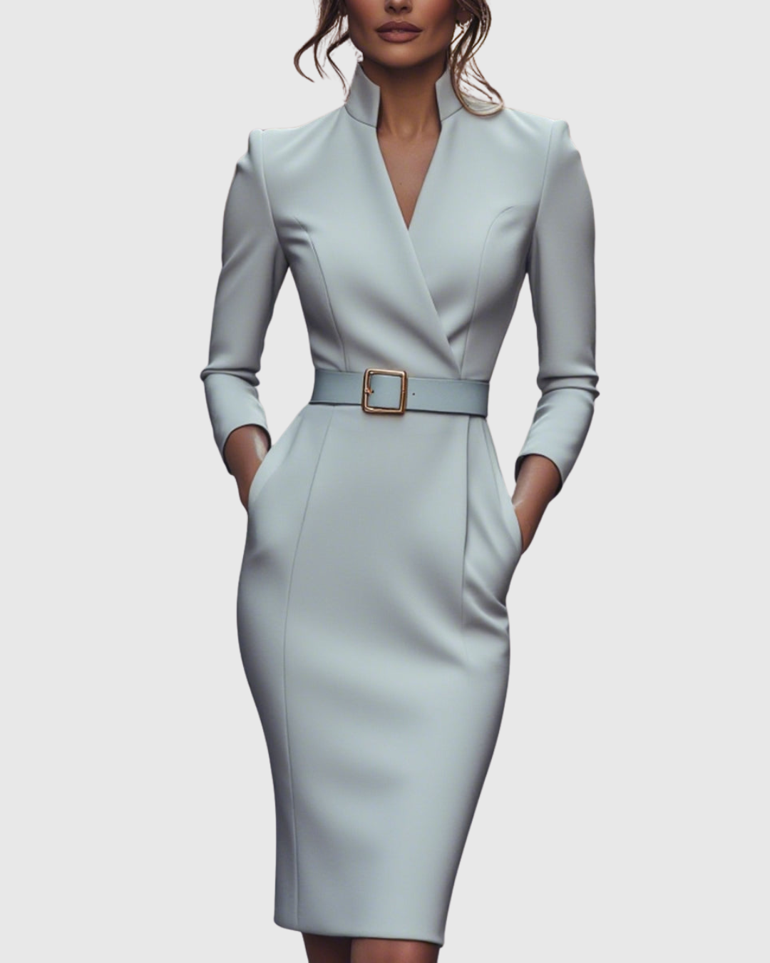 Cleo Women's Midi Dress | Elegant Pencil Silhouette, Structured Belt, Functional Pockets 10