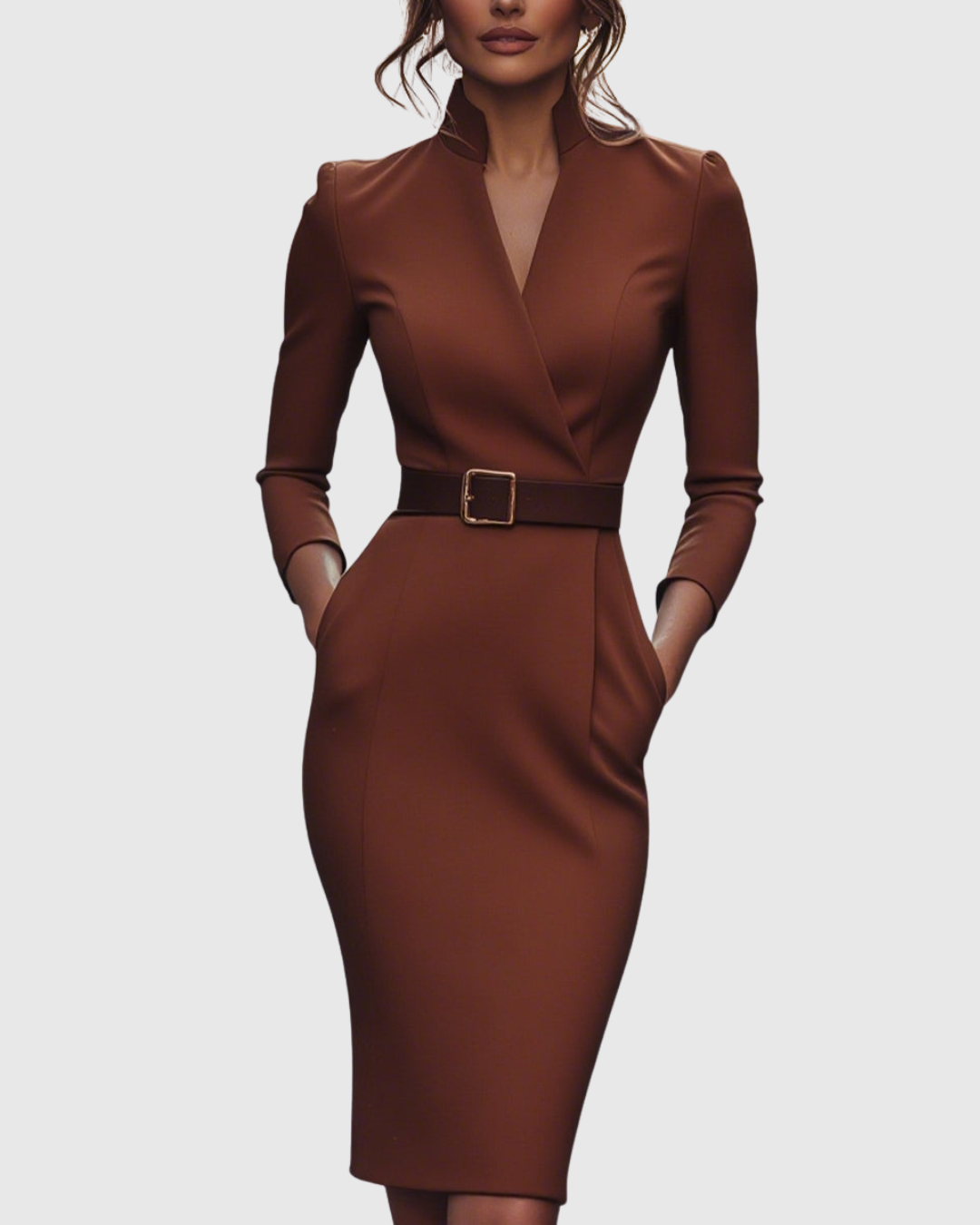 Cleo Women's Midi Dress | Elegant Pencil Silhouette, Structured Belt, Functional Pockets 11