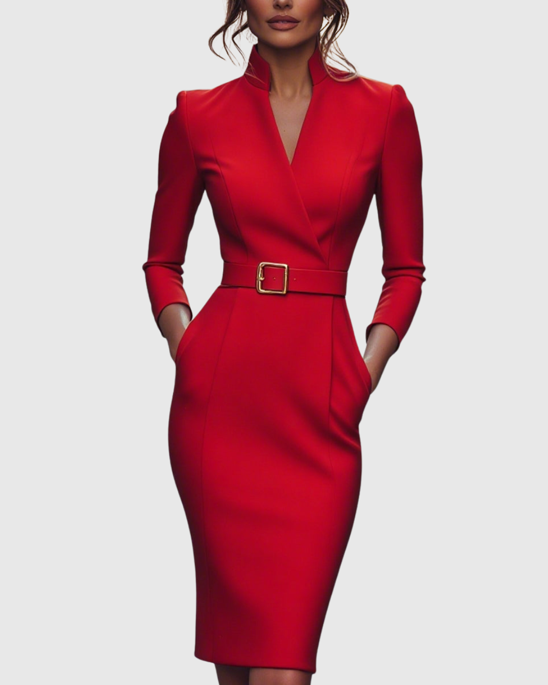 Cleo Women's Midi Dress | Elegant Pencil Silhouette, Structured Belt, Functional Pockets 12