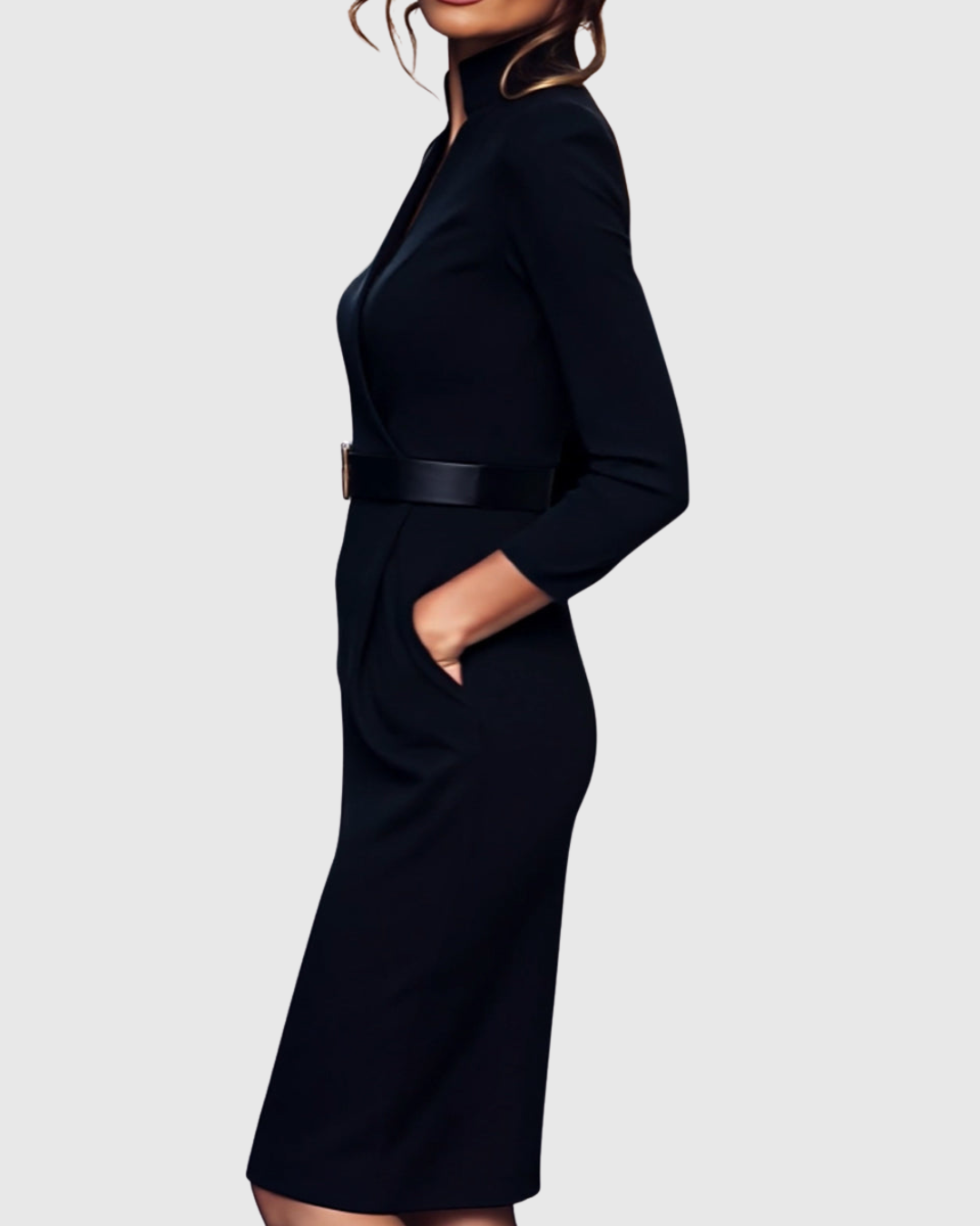 Cleo Women's Midi Dress | Elegant Pencil Silhouette, Structured Belt, Functional Pockets 4