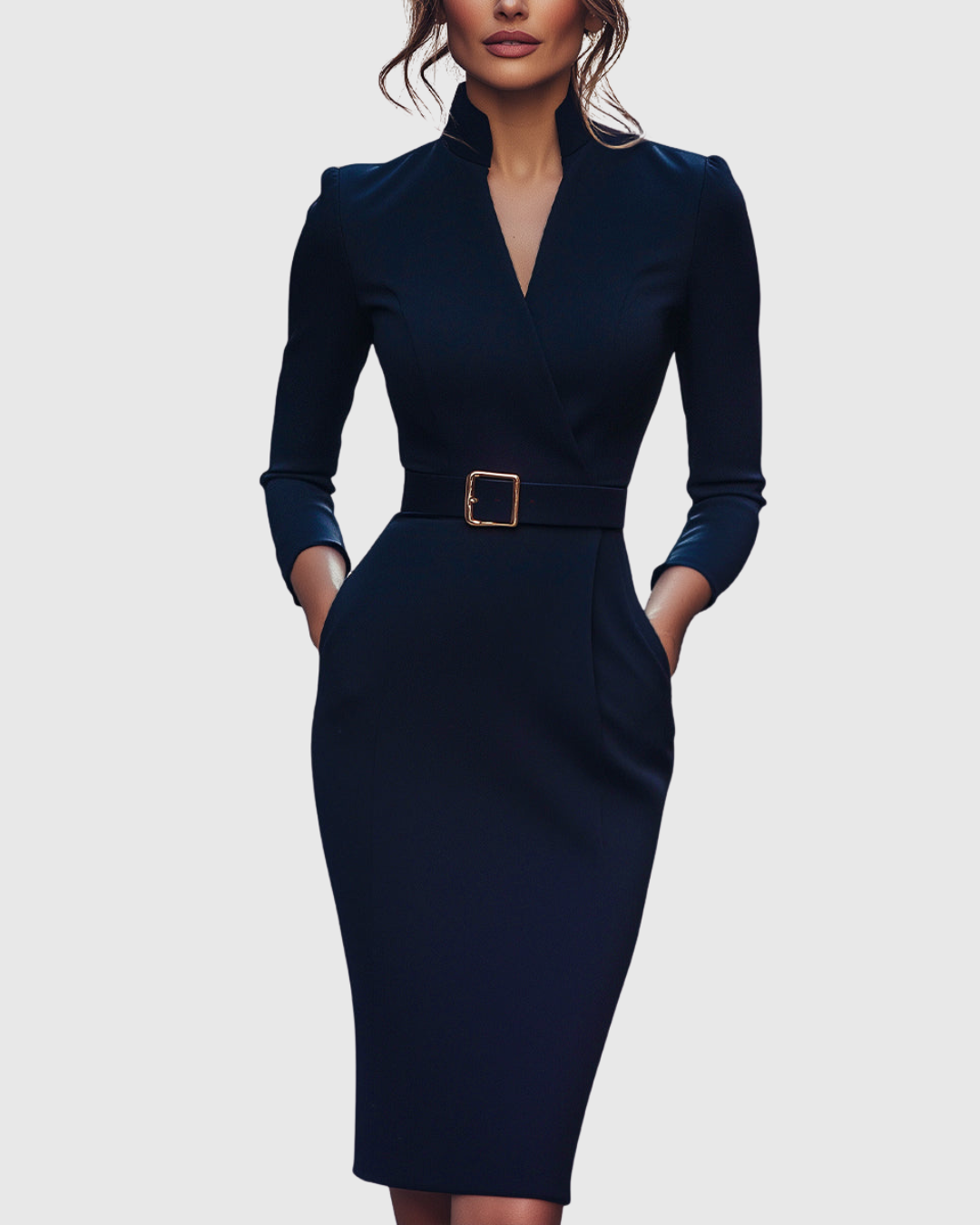 Cleo Women's Midi Dress | Elegant Pencil Silhouette, Structured Belt, Functional Pockets 7