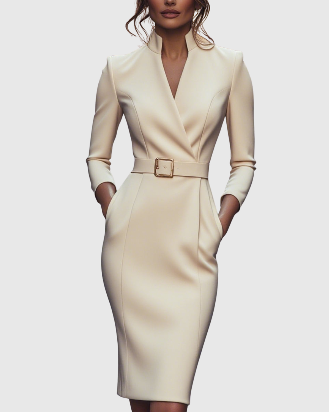 Cleo Women's Midi Dress | Elegant Pencil Silhouette, Structured Belt, Functional Pockets 9