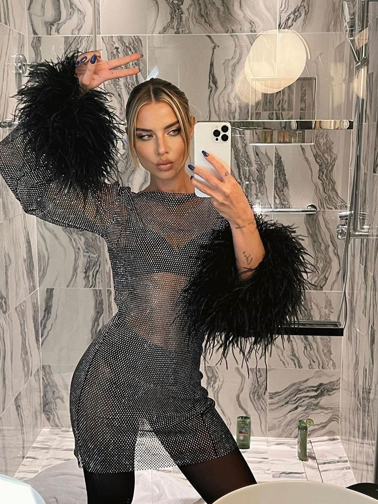 Celestine | Metallic Mini Dress with Feathers and Cuff Detail