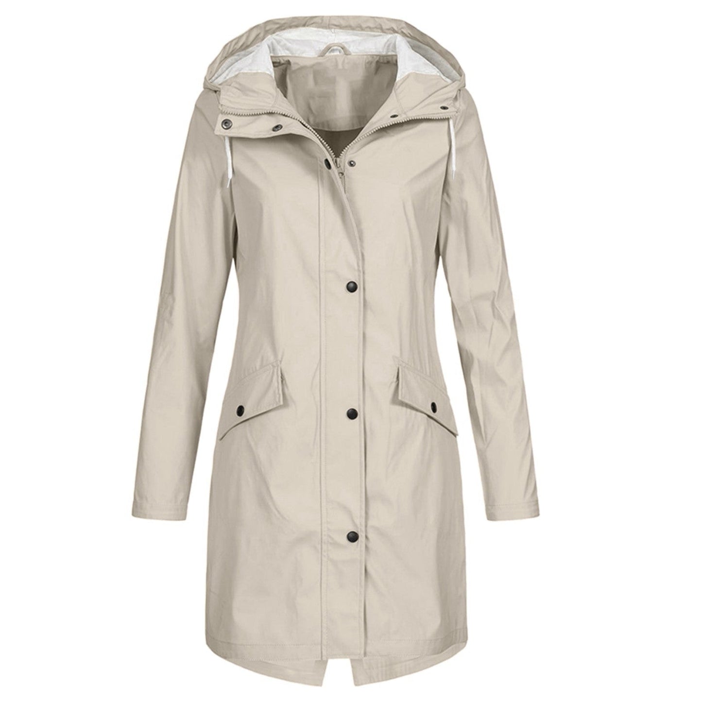Ladies Waterproof Rain Jacket with Adjustable Hood and Waist Cord – Long Rain Jacket for Daily Use