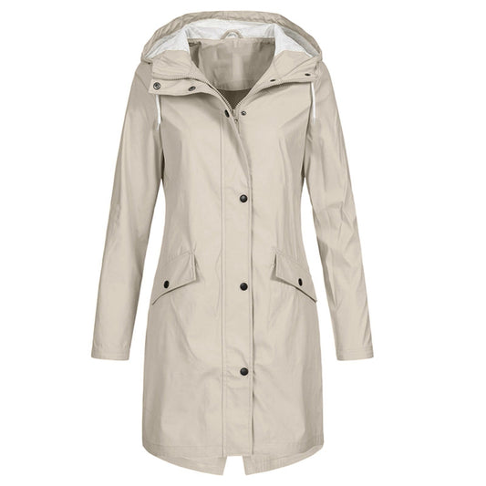 Ladies Waterproof Rain Jacket with Adjustable Hood and Waist Cord – Long Rain Jacket for Daily Use