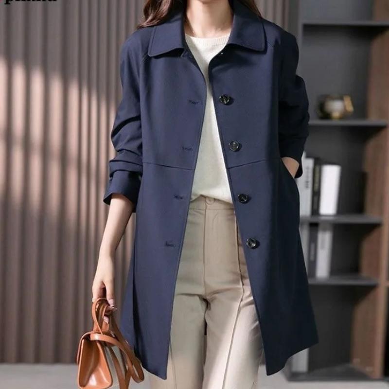 Women's Trench Coat with Button Closure and Collar – Timeless and Comfortable in Black, Suitable for Spring and Autumn