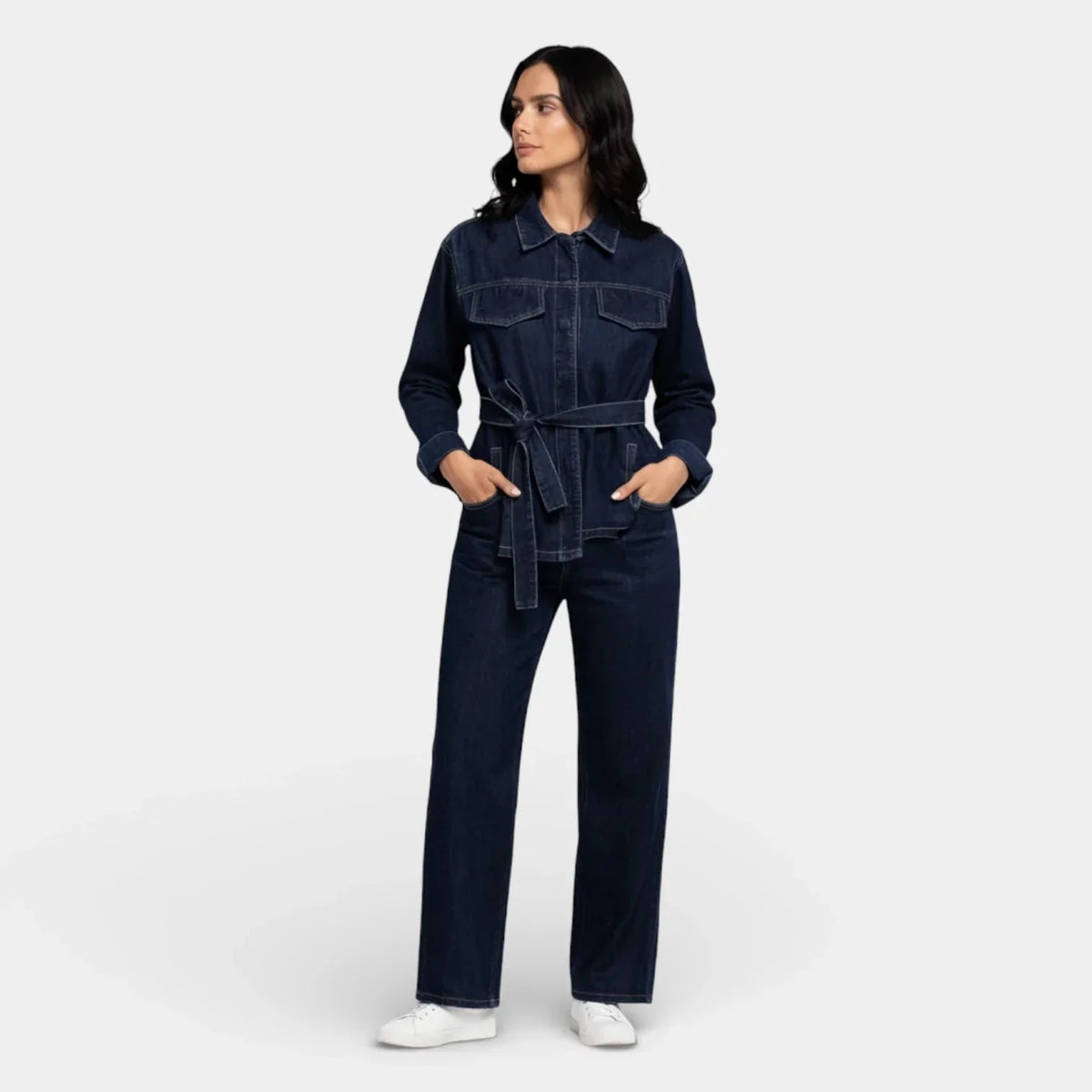 Dara Women's Denim Two-Piece Set | Button Front Jacket and Straight Jeans 0